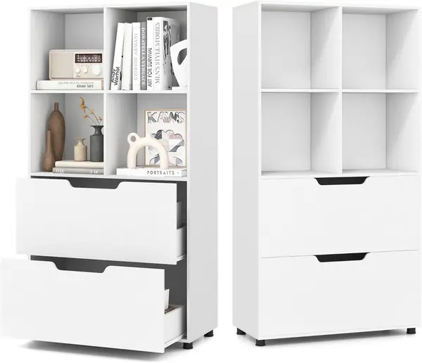 Bücherregal aus Holz mit 4 Fächern und 2 Schubladen…