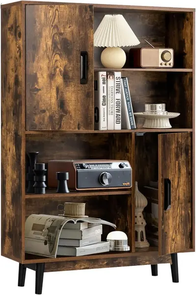 Bücherschrank Holz, Mehrzweckschrank mit 2 Türen & 4…