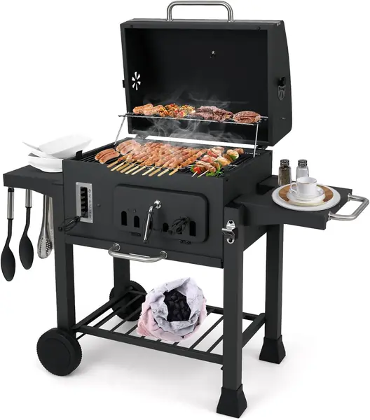 Holzkohlegrill mit 2 klappbaren Seitentischen & Rädern…