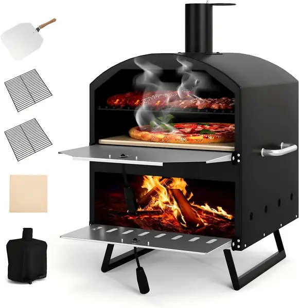 Pizzaofen Outdoor mit 2 Schichten, tragbarer Holzgrill…